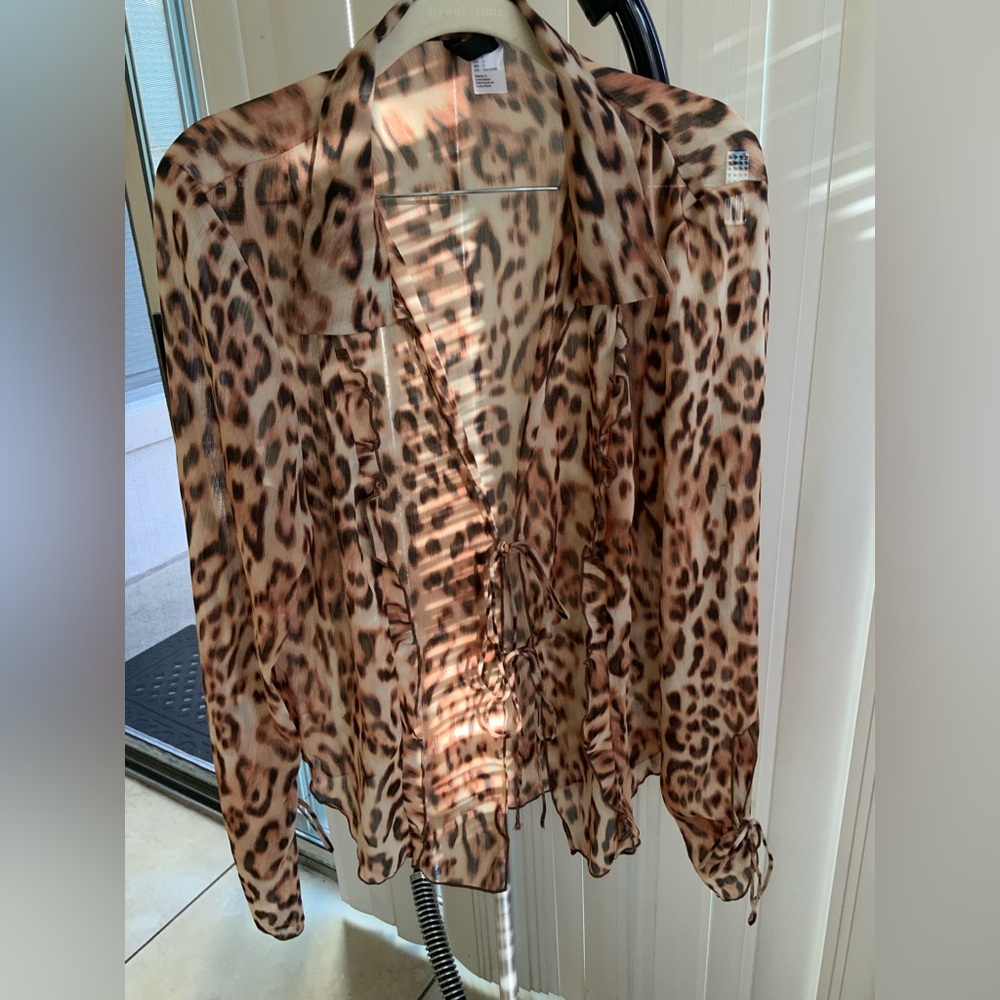 H&M Leopard-Print Sheer Tie-Front Blouse - Brown & Cream